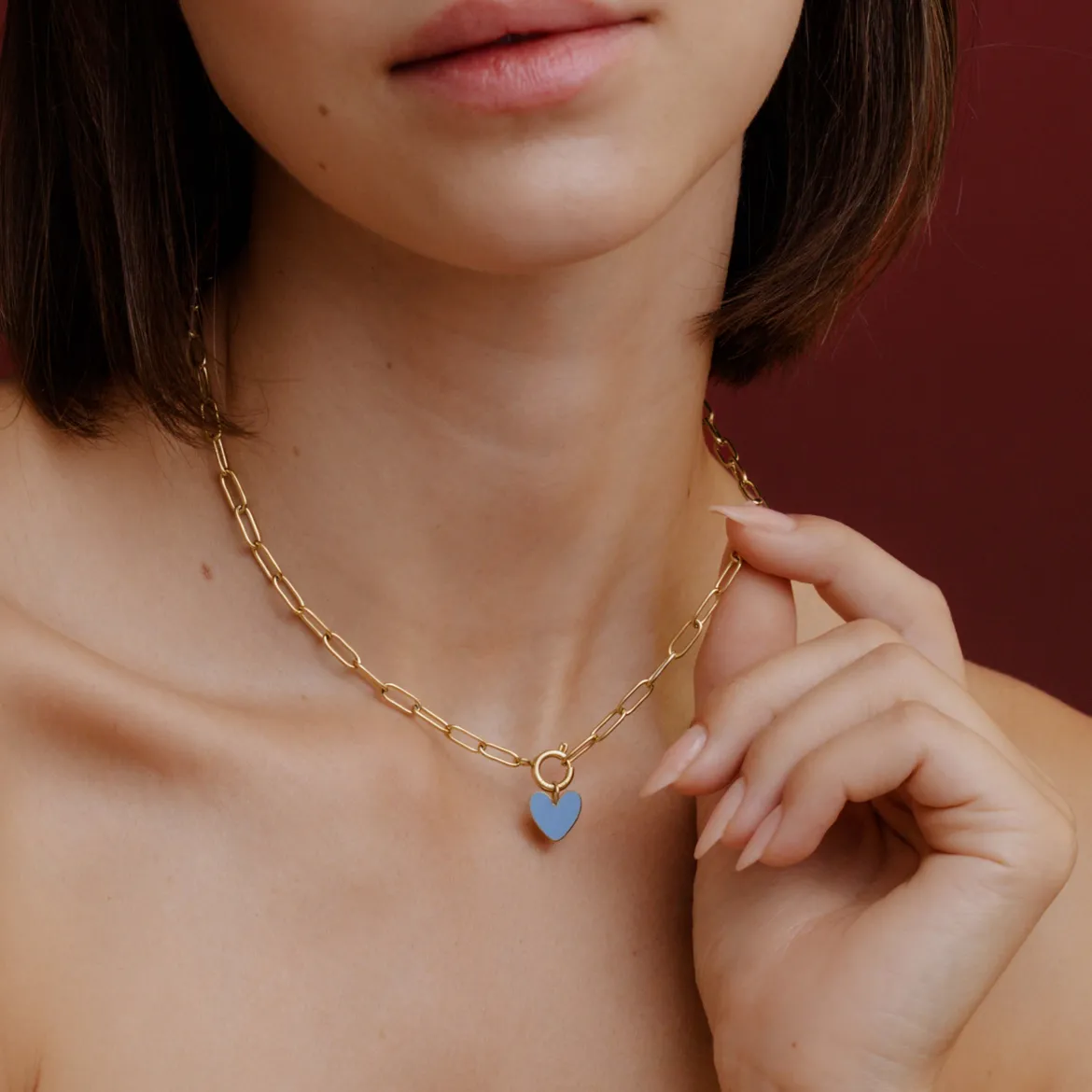 Blue Heart Oval Links Necklace Set Gold