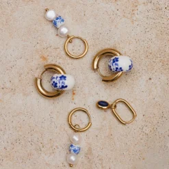 Flower Tile Pearl Hoop Set Small Gold