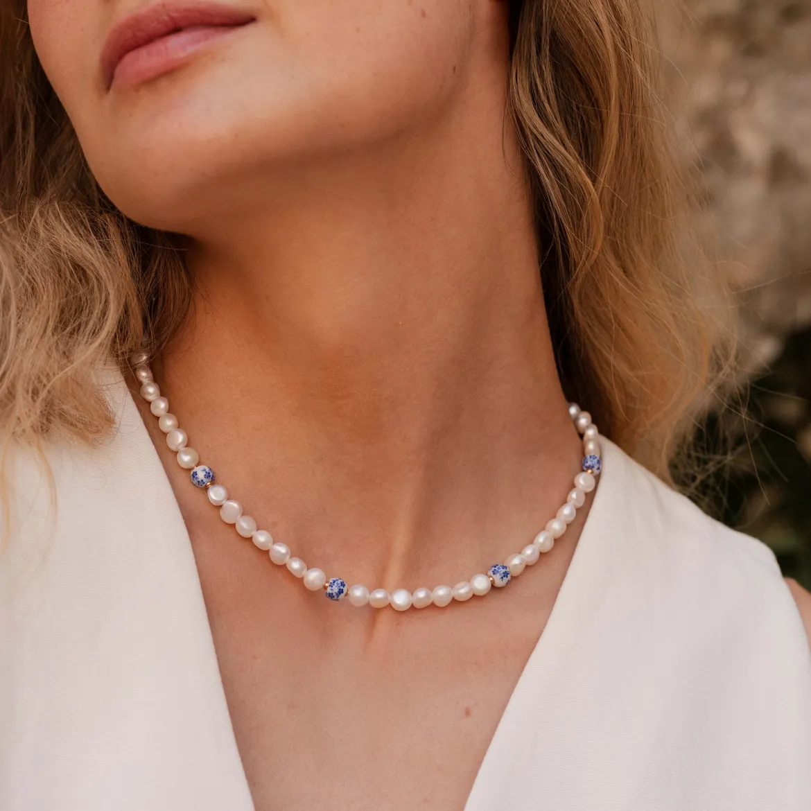 Flower Tile Pearl Necklace Roségold
