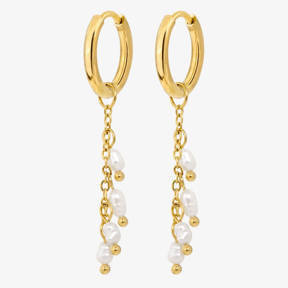 Pearl Chain Hoop Set Small Gold