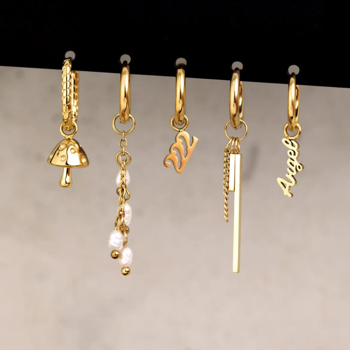 Pearl Chain Hoop Set Small Roségold