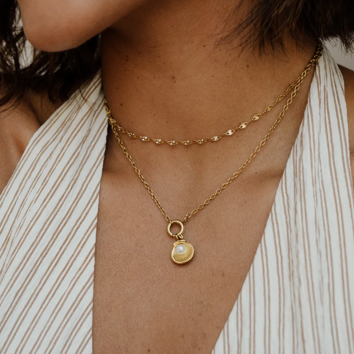 Pearly Shell Classic Chain Necklace Set Gold