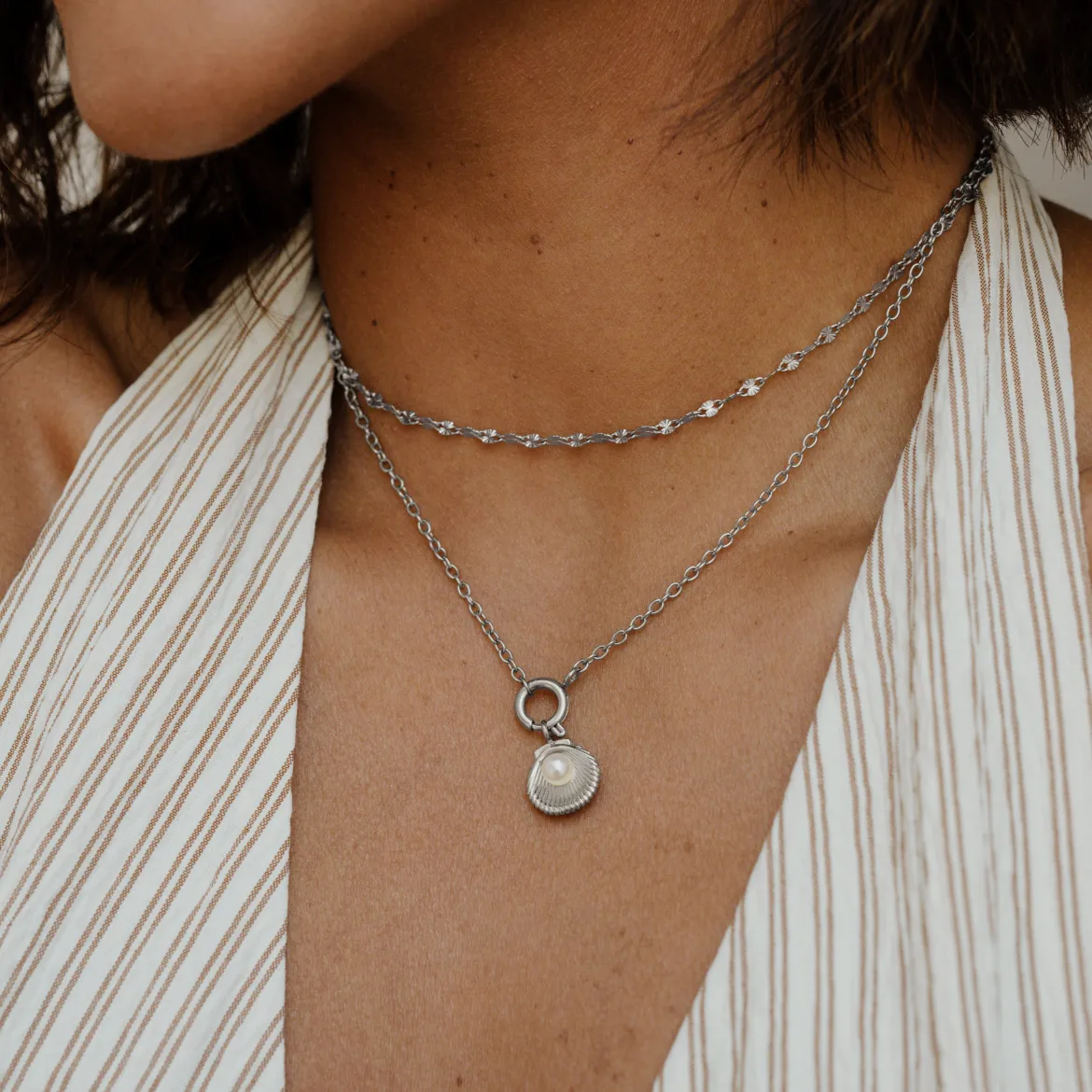 Pearly Shell Classic Chain Necklace Set Silber