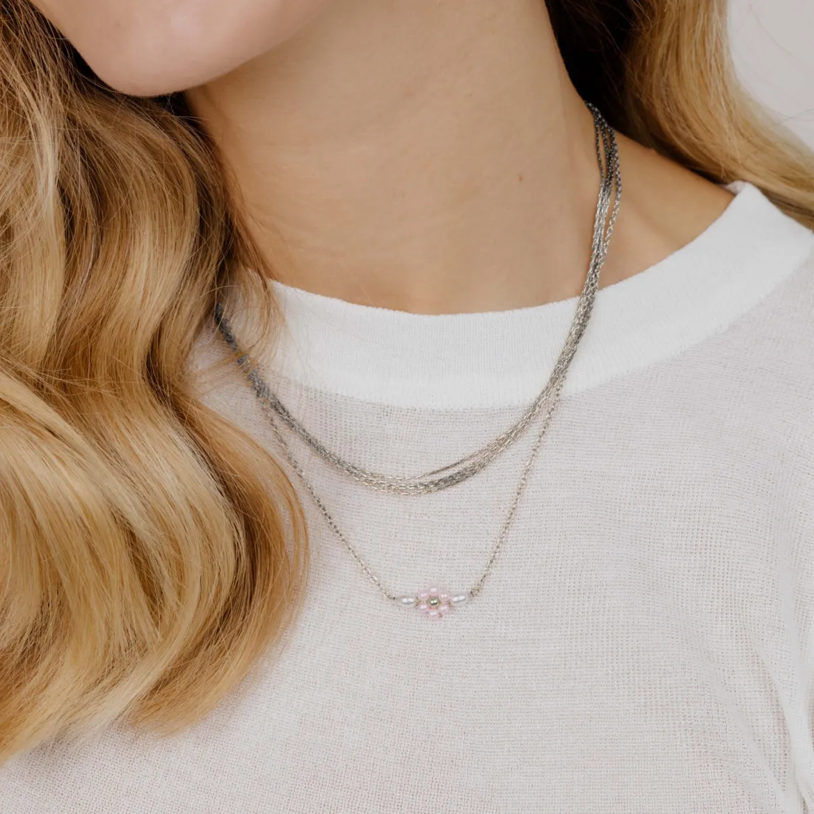 Pretty Pink Daisy Necklace Silber