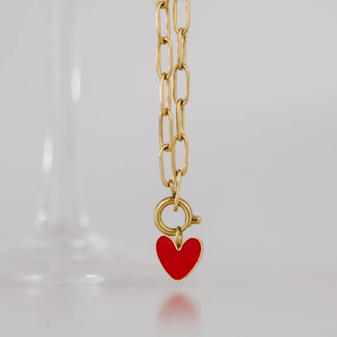 Red Heart Oval Links Necklace Set Gold