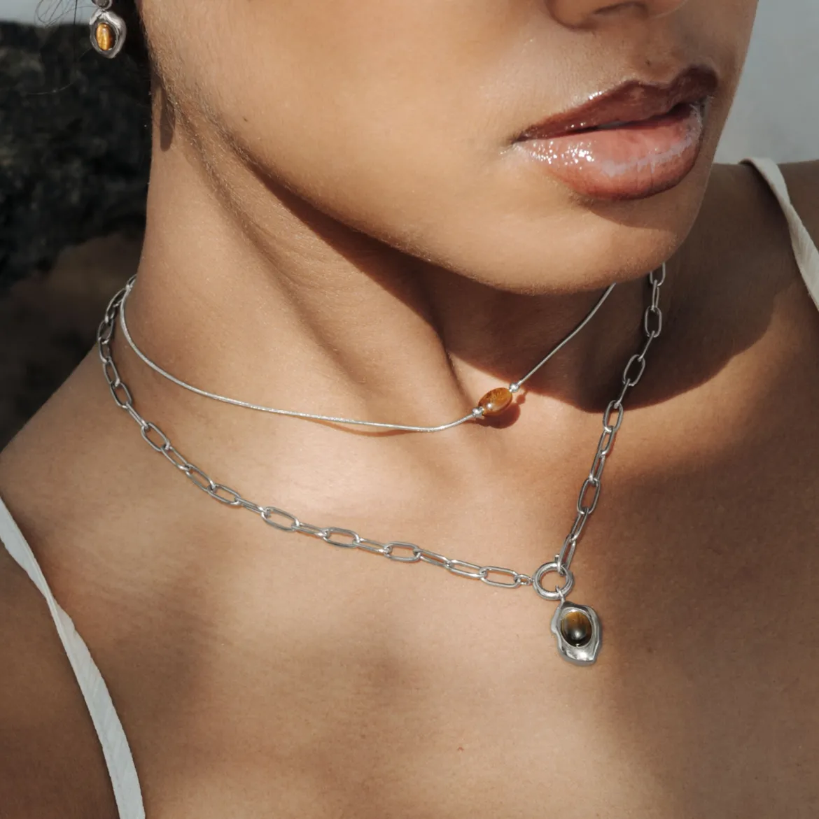 Tiger's Eye Oval Links Necklace Set Silber