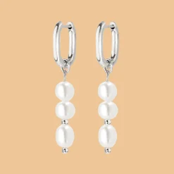 Triple Pearl Hoop Set Silber